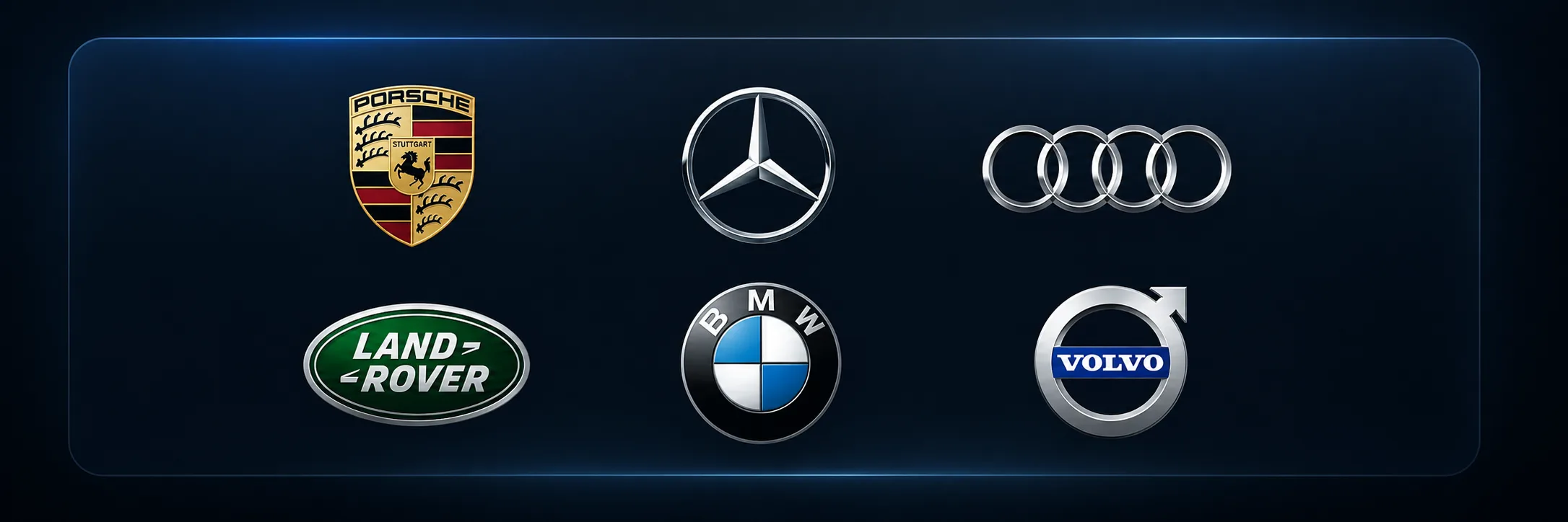 Логотипы премиальных брендов Porsche, Mercedes-Benz, Audi, Land Rover, BMW и Volvo